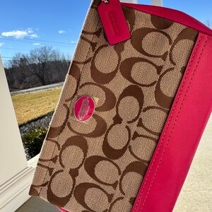 Coach Signature Canvas Wristlet Brown Monogram Pink Leather Trim Zip Pouch